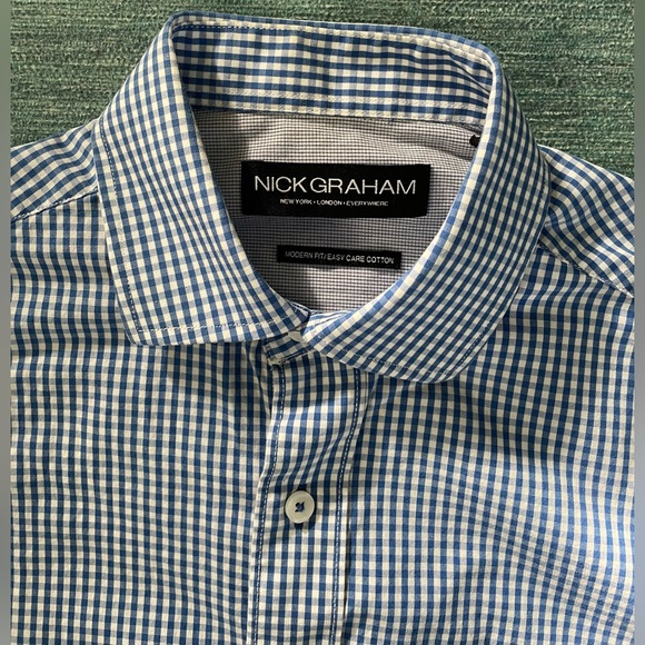 Nick Graham Modern Fit Easy Care Cotton Mini Gingham Checked Collar Button Shirt - Picture 9 of 11